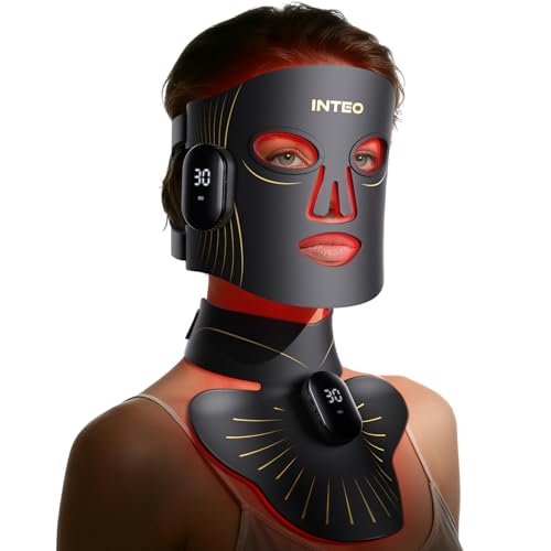 LED Light Mask for Face and Neck, 4 Light Modes Cordless Facial and Neck Skincare Mask, Red LED Beauty Device, Rechargeable Home Skincare Tool with 680 LEDs (Black)
