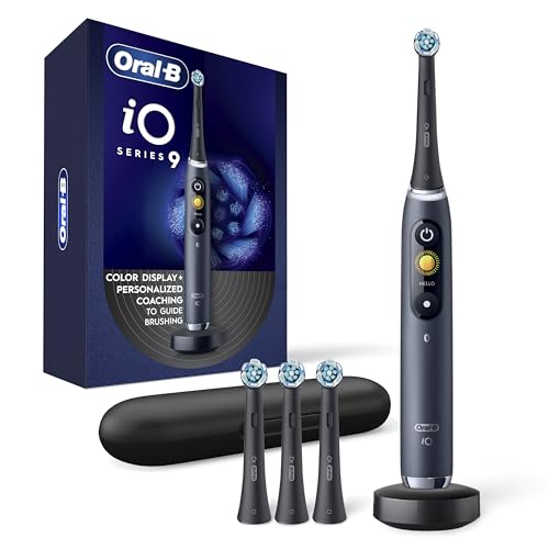 Oral-B Rechargeable Electric Toothbrush, iO Series 9 Genius, Black, 4 Replacement Brush Heads, Power Charging Travel Case, Teeth Whitening, Visible Pressure Sensor to Protect Gums, 7 Modes