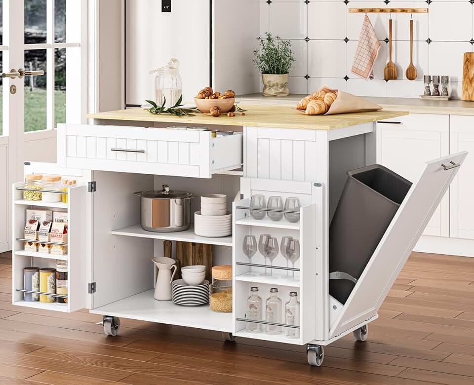 OtterOasis Kitchen Island with Storage in white with a wide rubberwood top on wheels