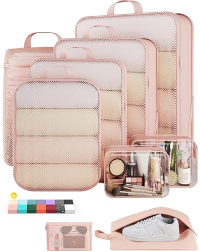 Veken 9/11 Set Compression Packing Cubes for Travel Essentials,Compressible Expandable Large Luggage Suitcase Organizer Bags for Clothing,Space Saver Bags with Over 1000 pcs of Mesh Holes(Beige)
