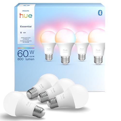 Philips Hue Essential Smart LED A19 Bulb 4-Pack, White and Color Ambiance, E26, 7.2W, 2200K-6500K, 800 Lumens, Dimmable LED Bulbs, Works with Alexa, Google Assistant, Apple Home