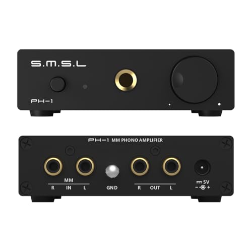 S.M.S.L PH-1 Phono Preamp for MM Turntable, MM Phono Amp Preamplifier for Phonograph Record Player Active Speakers, RCA/6.35mm Headphone Amplifier Pre-amp with Gain 46dB DC5V Power