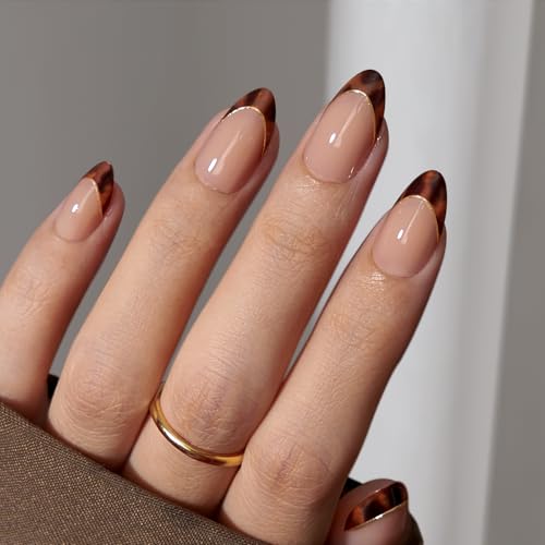 BTArtbox Press On Nails, Tortoise Shell, Short Almond, French Tip, 32Ct