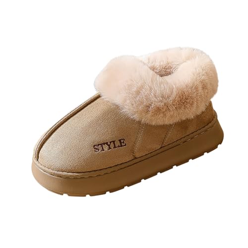 Khaki Ladies Casual Winter Boots Round Toe Closed Heel Thick Sole Warm Fleece Lined Home Shoes