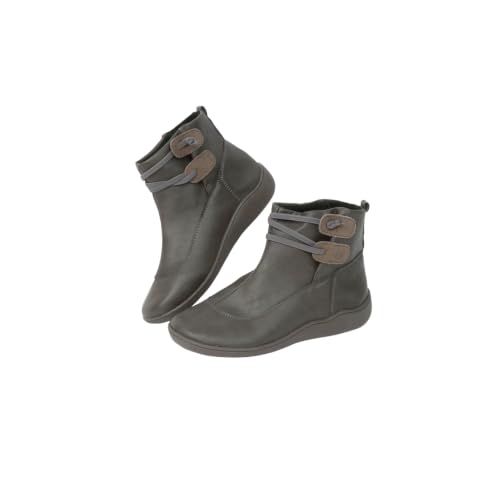 Women's Fall Winter Boots 2026 Vintage Lace Up Short Ankle Booties No Heel Flat Leather with Arch Support Damping Sole for Work Daily Lightweight Slip On Casual Fashion Side Zipper Comfortable