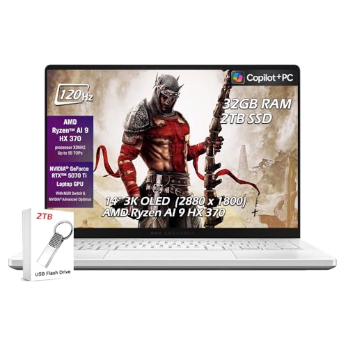 ASUS ROG Zephyrus G14 14" 3K OLED 120Hz Gaming Laptop Copilot+ PC AMD Ryzen AI 9 HX 370 NVIDIA RTX 5070 Ti 12GB 32GB LPDDR5X RAM 2TB SSD WiFi7 Win11 Platinum White w/2TB USB Drive, W/GaLiMu