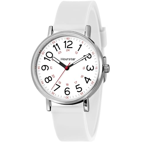Hourstar Women's Analog Nurse Watch with Second Hand for Nursing, 12/24 Time, Silicone Band, Easy Read (White)