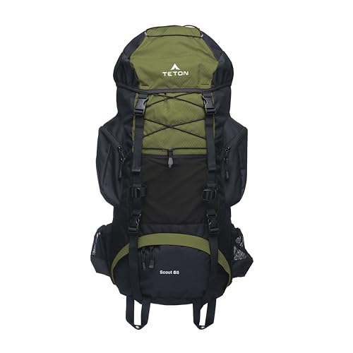 Teton 55L Scout Internal Frame Backpack for Hiking, Camping, Backpacking, Travel, Rain Cover Included, Olive