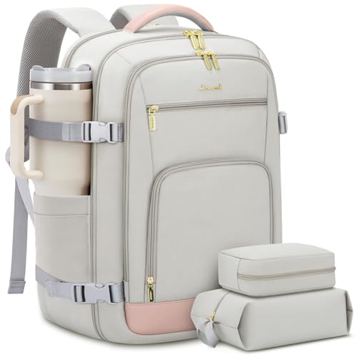 LOVEVOOK Travel Backpack For Women, 40L Carry On Backpack Flight Approved, TSA Personal Item Travel Bag Fits 17 Inch Laptop, Business Weekender Overnight Waterproof Daypack With 2 Cubes, Grey-Pink
