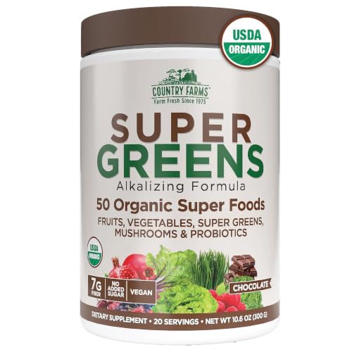 Country Farms Organic Super Greens Powder, Daily Greens Drink Mix with 50 Organic Superfoods, Fruits, Vegetables, Fiber, Mushrooms & Probiotics for Gut Health, Digestion & Energy, Chocolate Flavor
