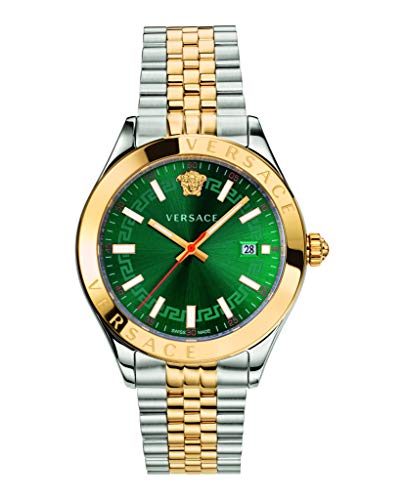 Versace Hellenyium Men’s Watch, Swiss Made Luxury Designer Watch with Green Sunray Dial, Two-Tone 42mm Stainless Steel Case, Silver Gold Bracelet, Deployant Clasp, Date Display, 5 ATM