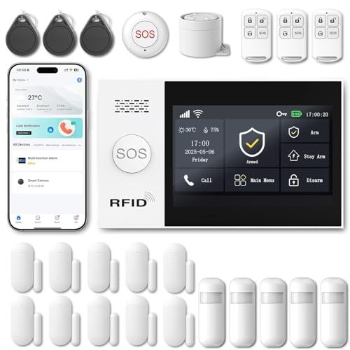 WiFi Wireless Alarm System for Home Security - 24/7 Protection Smart Home Devices 4.3" Touch Screen, GSM/4G+WiFi, App Instant Alerts, No Monthly Fee, Alexa Compatible for Villa, Kids Safety (24 pcs)