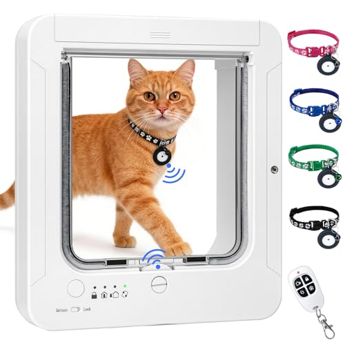 Smart Cat Door with 4 Collar Sensor Key, RFID kattendeur met halsbandactivatie en afstandsbediening, 4-weg vergrendelende kattenklep automatische pet door voor binnen en buiten (wit)