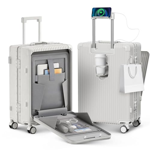 TIYFIY 20 Inch Carry On Luggage von der Fluggesellschaft zugelassen, PC-Hartschalenkoffer mit Fronttasche, USB-Ladeanschlüssen, zipperlosem Aluminiumrahmen, 360-Spinner-Rollen & TSA-Schloss für Reisen