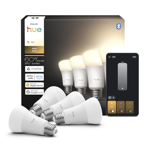 Philips Hue Smart LED A19 Bulb 4-Pack, Warm White Light 2700K, E26 Base, 9W, 810 Lumens, Dimmable LED Bulbs, Works with Alexa, Google Assistant, and Apple Home