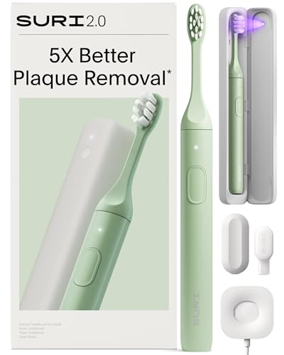 SURI Pro Sonic Electric Toothbrush | Over 4+ Weeks Battery | UV Cleaning Travel Case | Pressure Sensor | Aluminium Body | 2-Minute Timer | Plant-Based Head | Green