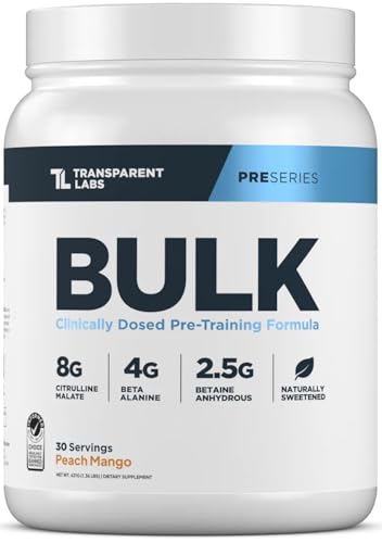 Transparent Labs Bulk Pre Workout Powder - Naturally Sweetened Preworkout for Men & Women, Pre Work Out for Muscle Building & Strength w/Beta Alanine & BetaPure - 30 Servings, Peach Mango