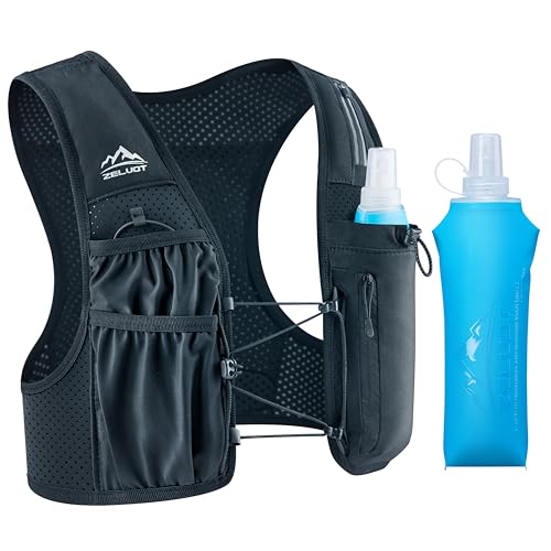 Zelvot Running Vest for Women Men, USA Original Patent, Adjustable Chest Straps Running Hydration Vest with 500ml Soft Flask, Lightweight Reflective Hydration Backpack for Hiking Marathon (Black, M/L)