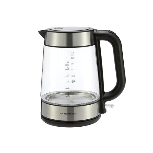 Amazon Basics Electric Kettle with Glass Carafe for Tea and Coffee, BPA-Free, Fast Boiling, Auto-Shut-Off, Boil-Dry Protection, Water Level Indicator, 1.7 Liter, 1500W, Black and Silver