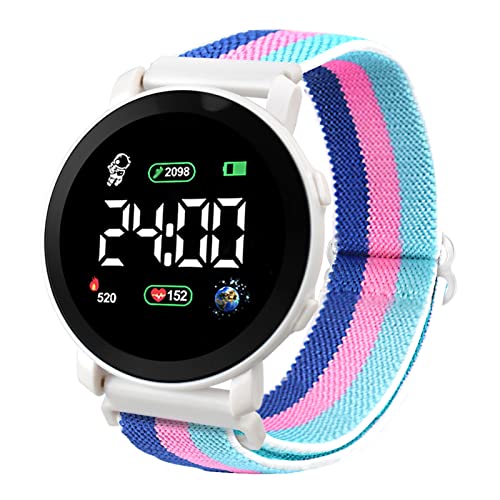 LED Electronic Watch Elastic Band Multifunctional Round Dial Time/Date Display Braided Strap Digital Wrist Watch Clock with LED Backlight for Teens Boys Girls Women Men Fashion Accessory A